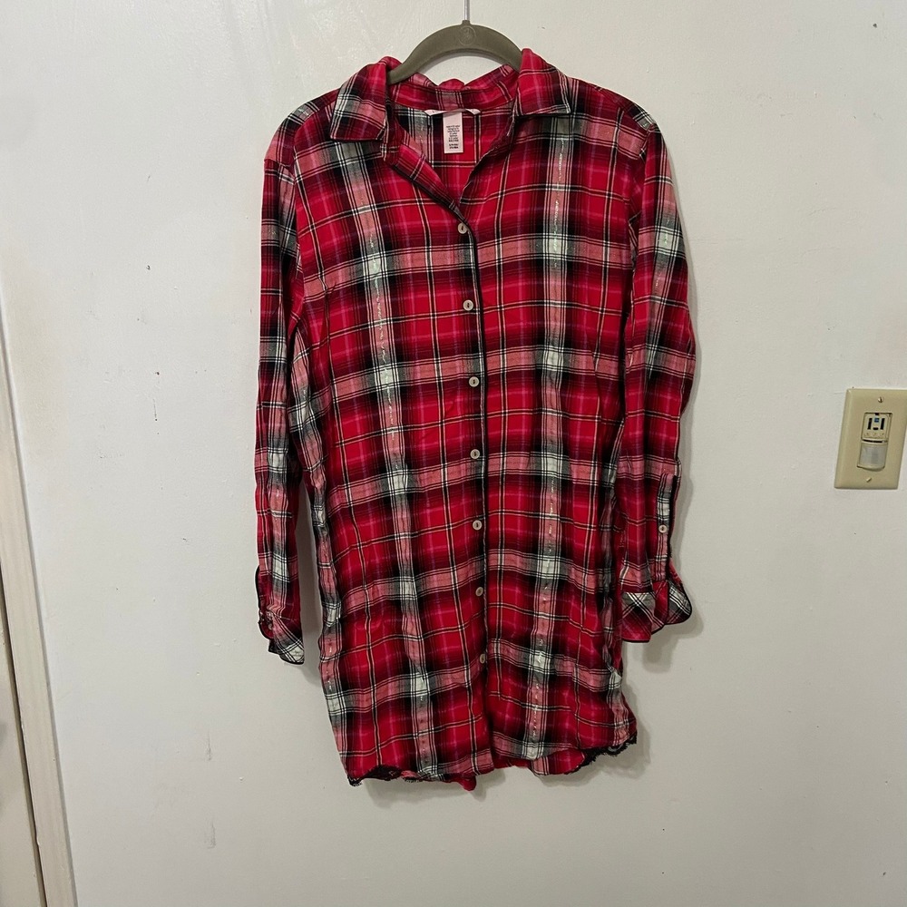 Victoria's Secret Red Tartan Plaid Flannel‎ Night Shirt Pajamas PJs Size S